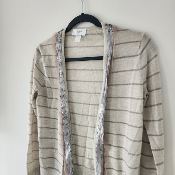 Ann Taylor LOFT Womens SP Sequin Sweater Trim Cardigan Wool Stripe Open Front - Picture 2 of 5